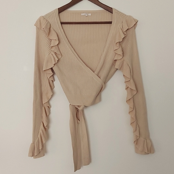 Revolve Tularosa Ruffled Sleeve Wrap Sweater Beige Size Medium - Picture 4 of 7